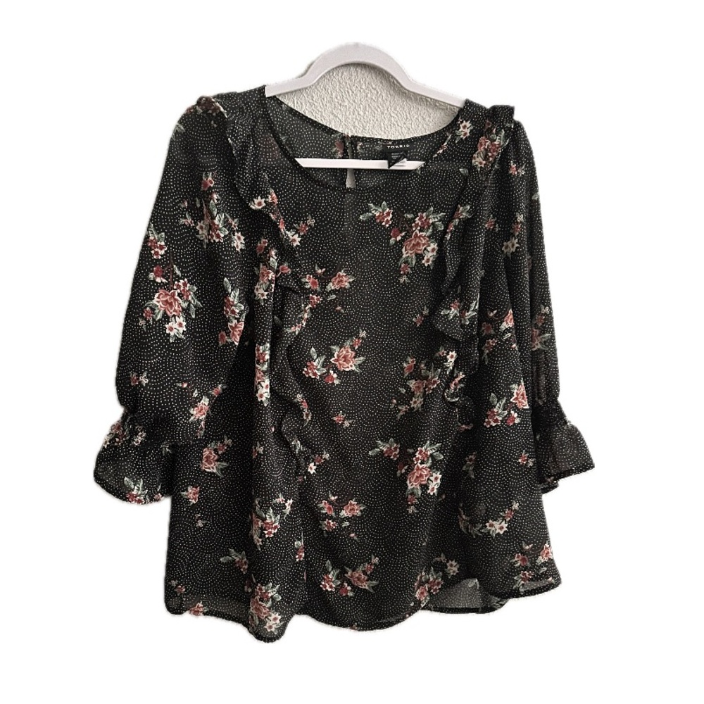 Torrid Black Floral Polka Dot Print Ruffles & Bell Sleeve Top Size 0/12 - Picture 3 of 9